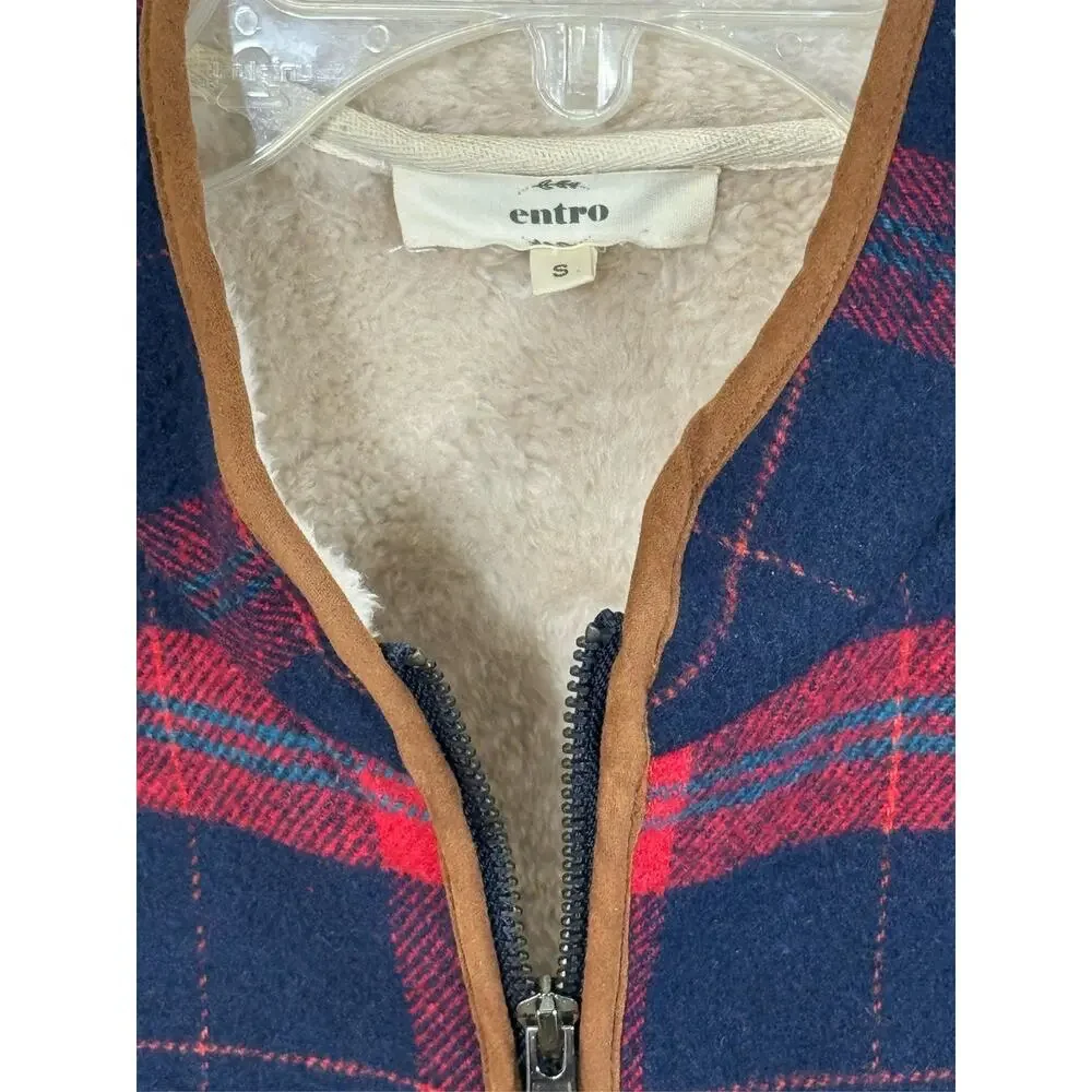 Entro Plaid Sherpa Lined Vest Small Full Cabincore Preppy